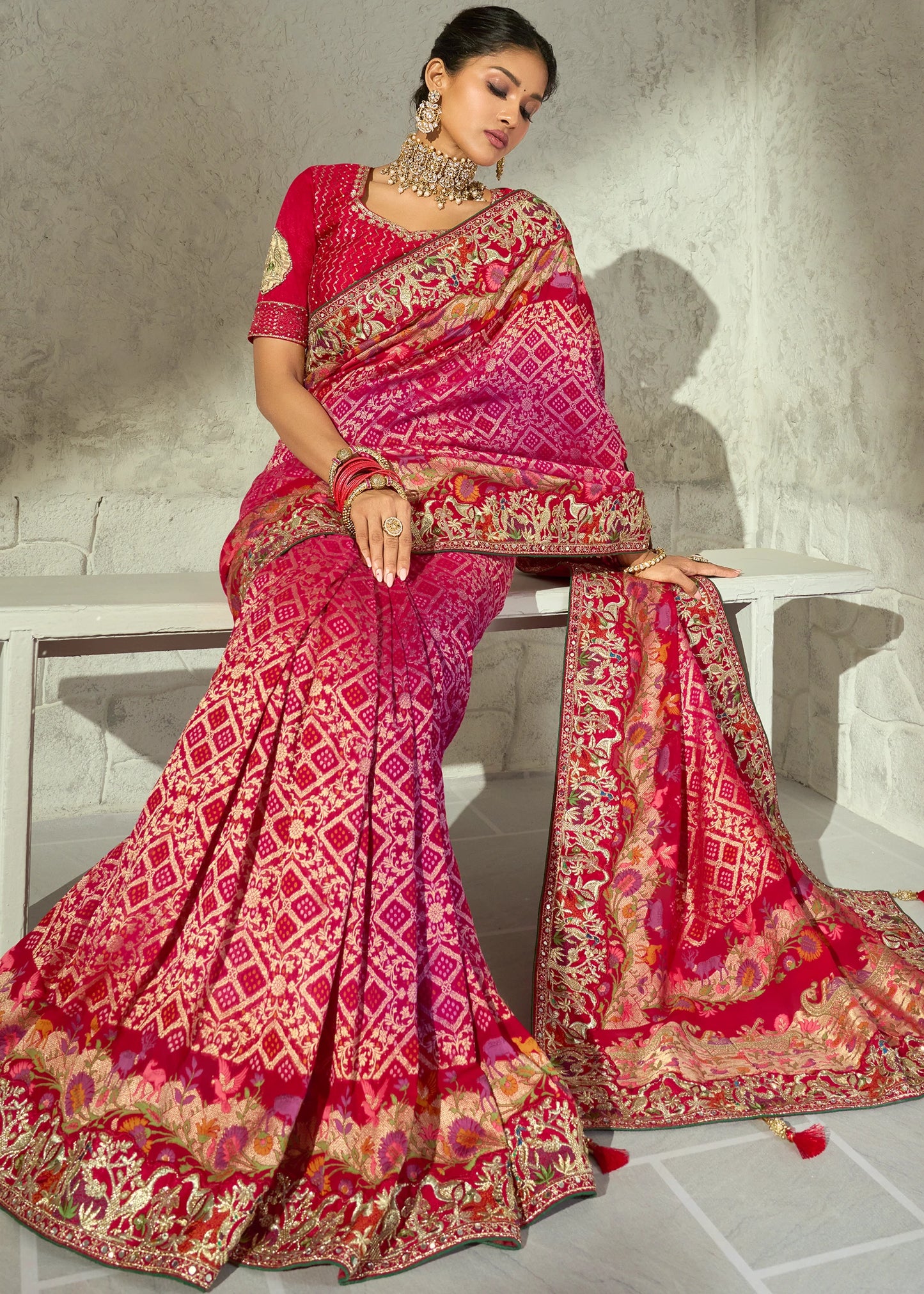 Rani Pink Bandhani Saree With Red Blouse