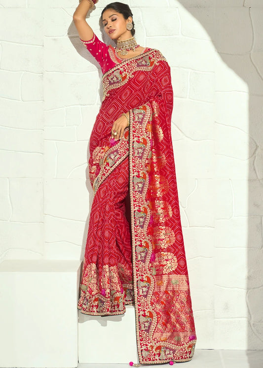 Red Bandhani Saree With Meenakari