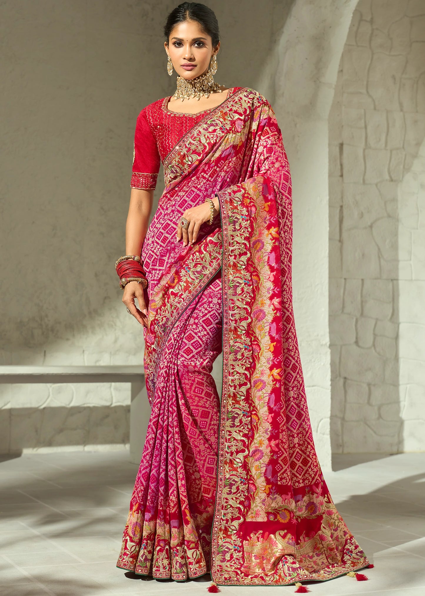 Rani Pink Bandhani Saree With Red Blouse