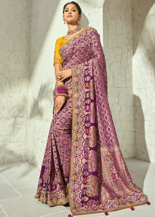 Purple Khaddi Georgette Embroidered Bandhani Saree & Yellow Blouse