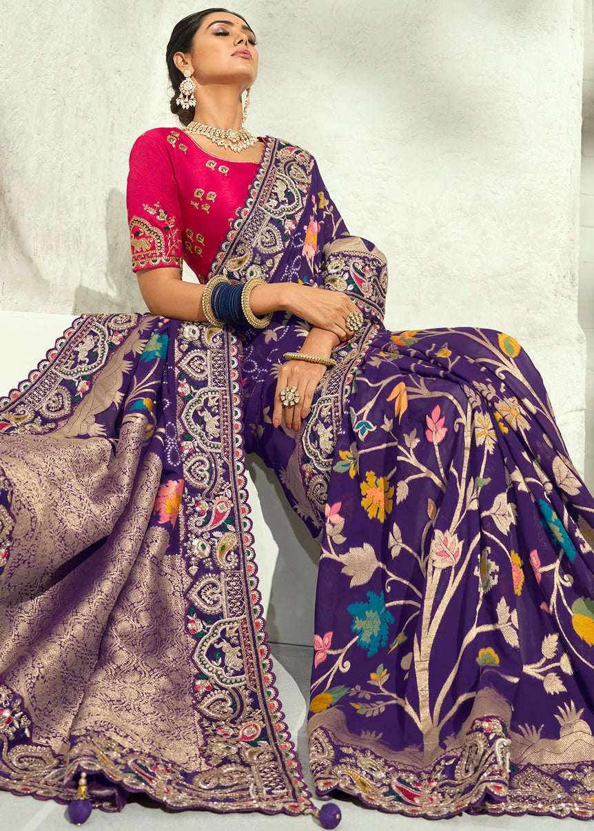 Violet Purple Banarasi Khaddi Georgette Saree & Red Blouse