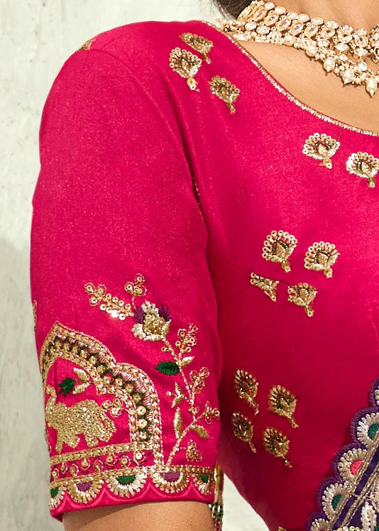Violet Purple Banarasi Khaddi Georgette Saree & Red Blouse