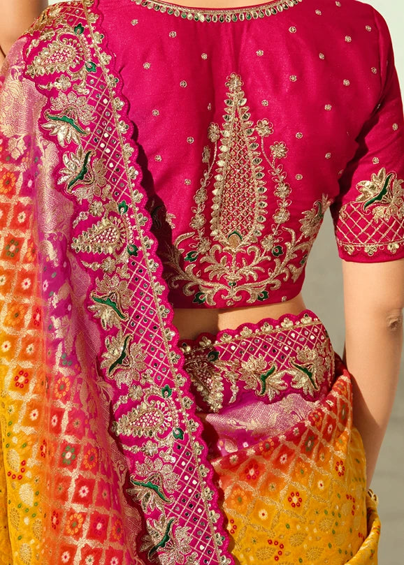 Yellow & Rani Pink Ombre Bandhani Silk Saree With Meenakari
