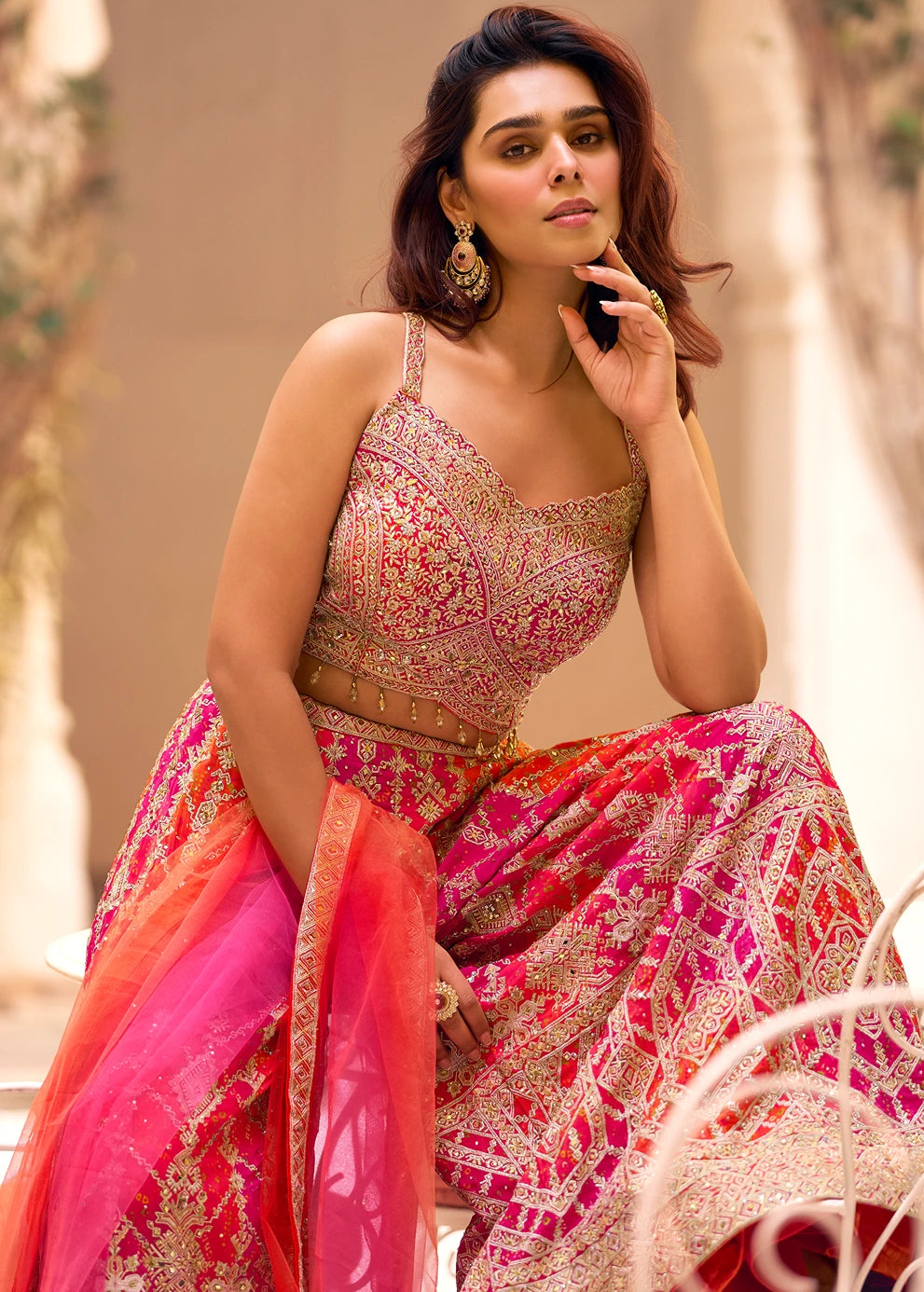 Pink & Orange Indowestern Sharara Set With Dupatta
