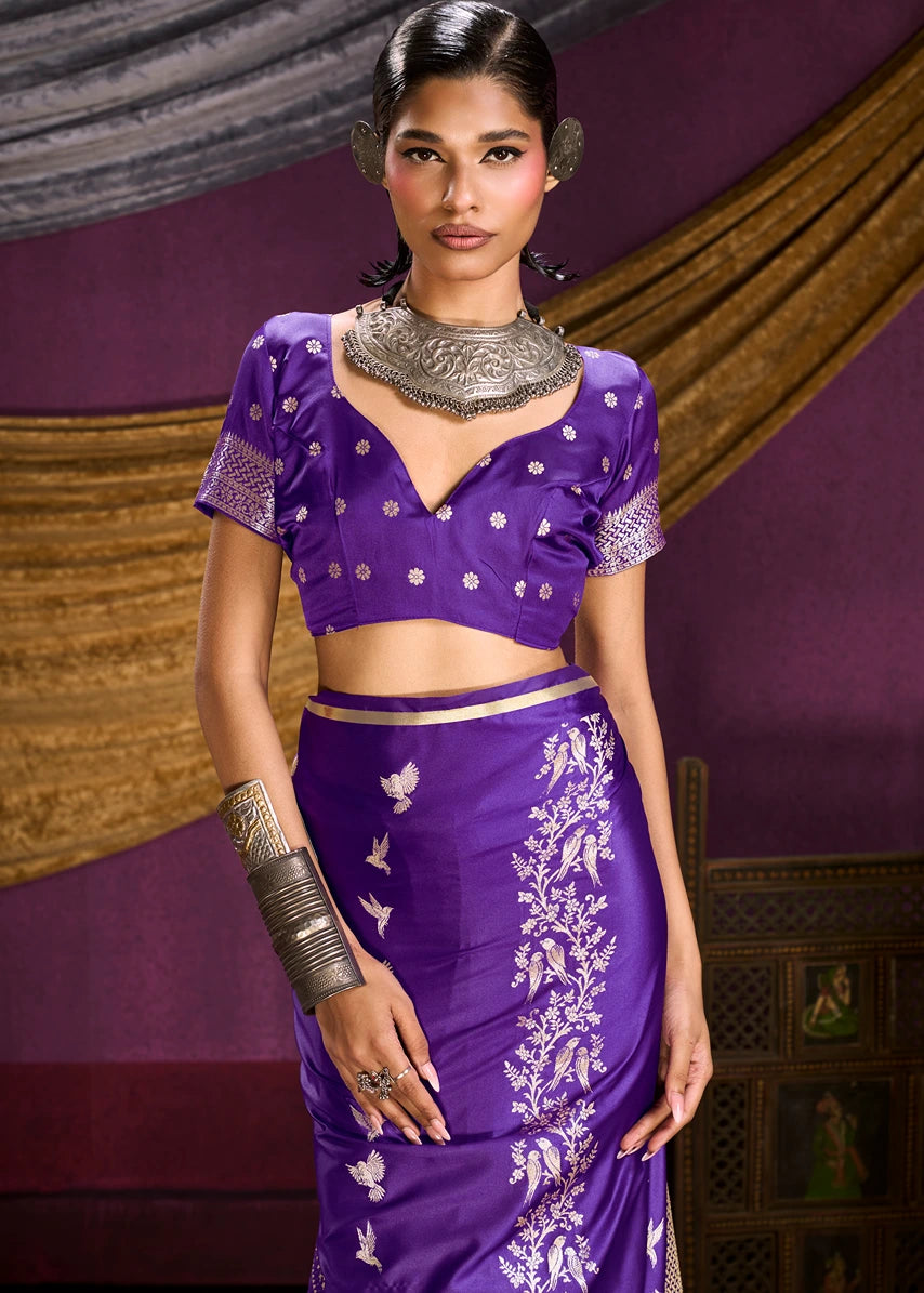 Zari Weaving Pure Banarasi Satin Silk Violet Purple Saree