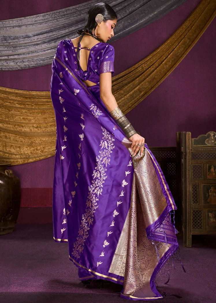 Zari Weaving Pure Banarasi Satin Silk Violet Purple Saree