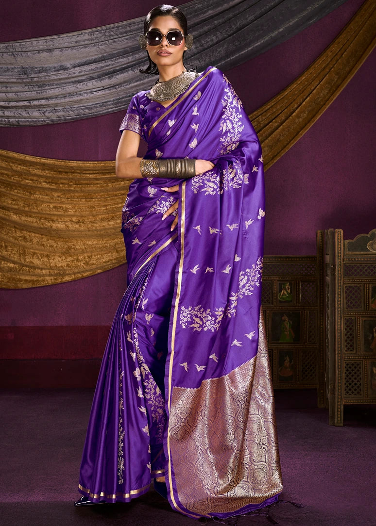 Zari Weaving Pure Banarasi Satin Silk Violet Purple Saree