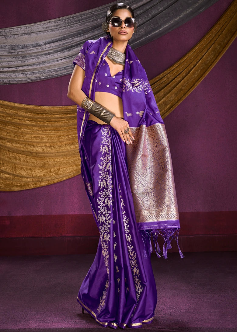 Zari Weaving Pure Banarasi Satin Silk Violet Purple Saree