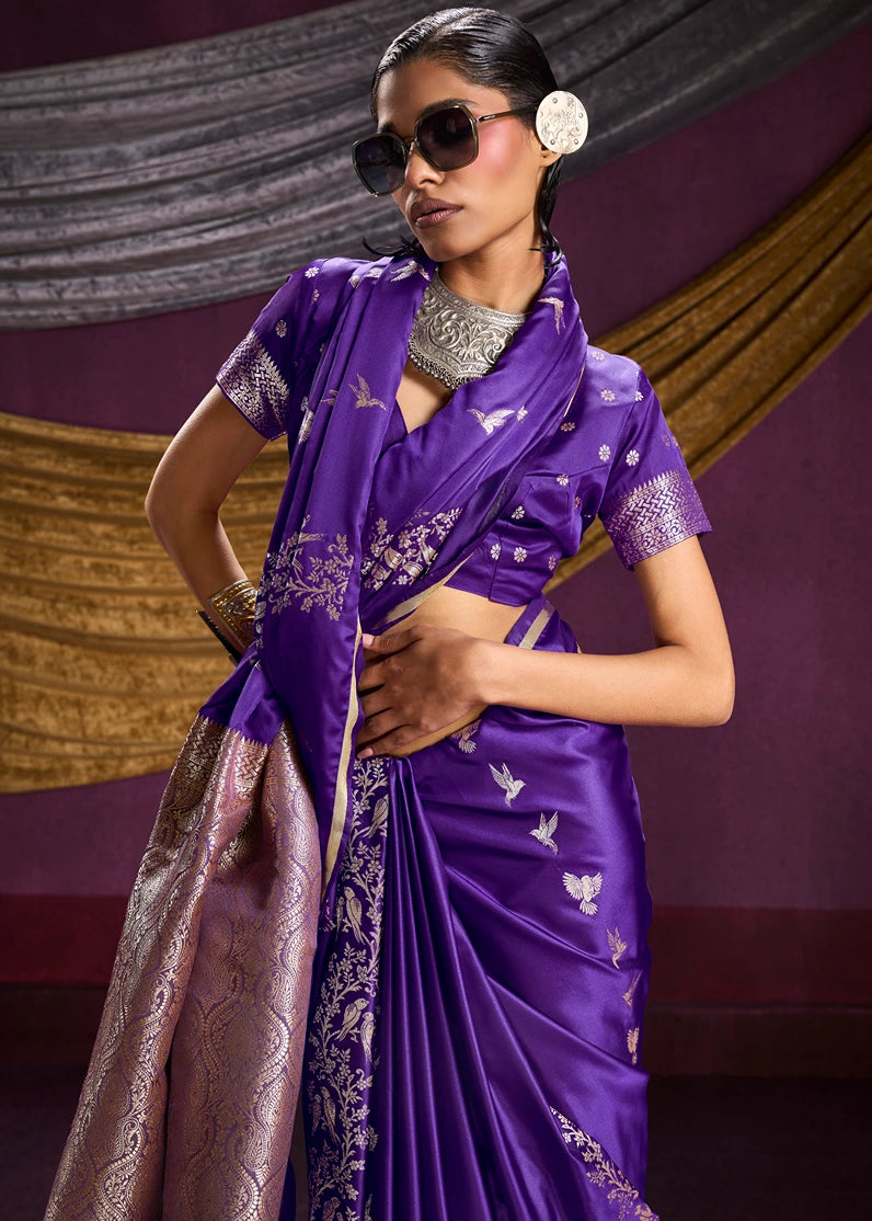 Zari Weaving Pure Banarasi Satin Silk Violet Purple Saree
