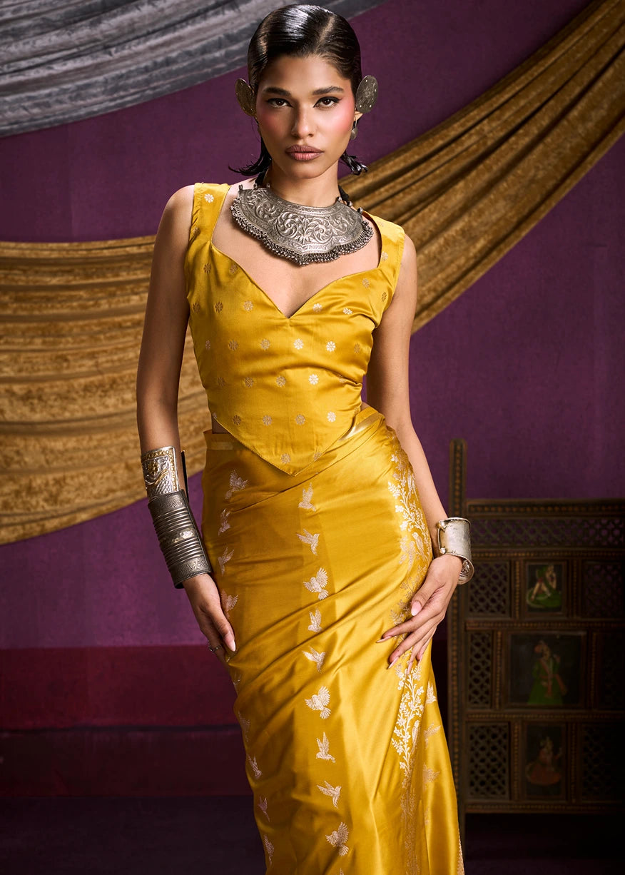 Zari Weaving Pure Banarasi Satin Silk Mustard Yellow Saree