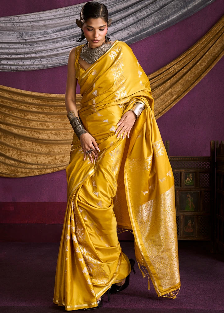 Zari Weaving Pure Banarasi Satin Silk Mustard Yellow Saree