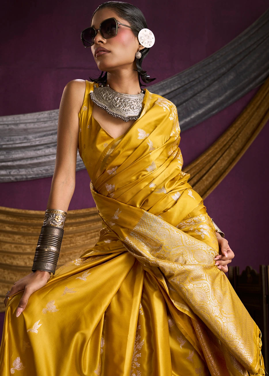 Zari Weaving Pure Banarasi Satin Silk Mustard Yellow Saree