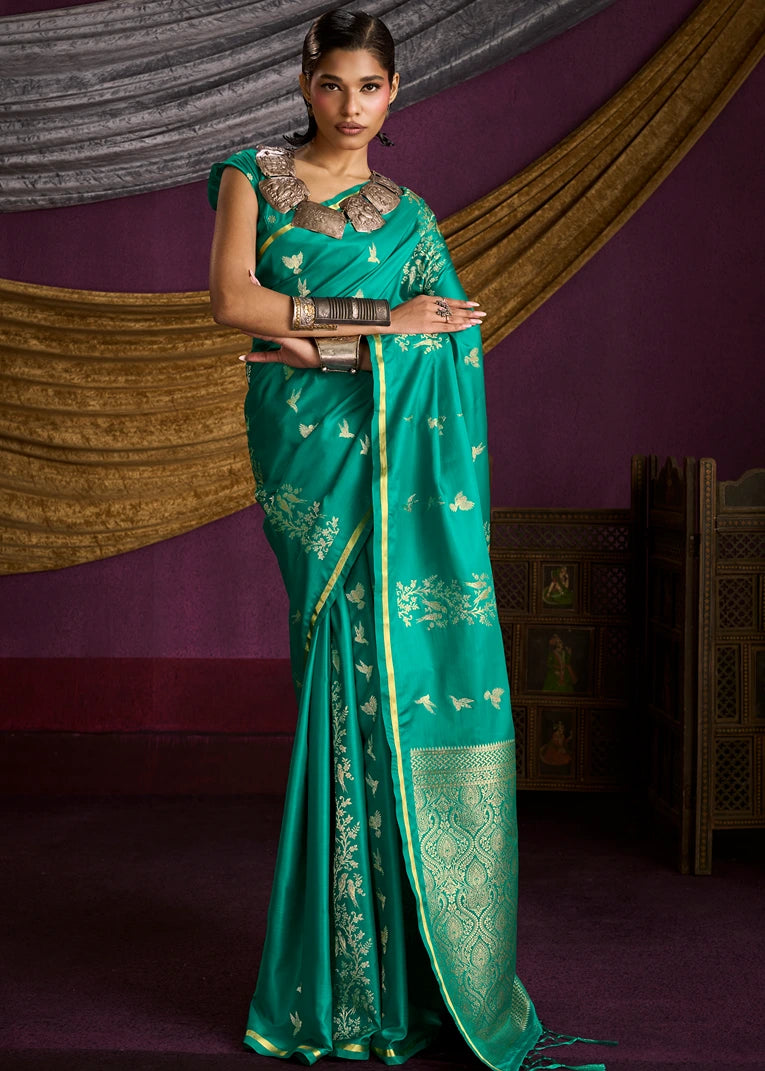 Zari Weaving Pure Banarasi Satin Silk Emerald Green Saree