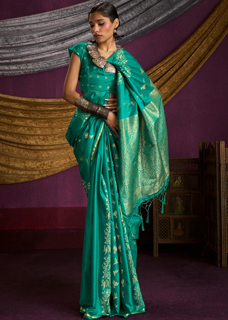 Zari Weaving Pure Banarasi Satin Silk Emerald Green Saree