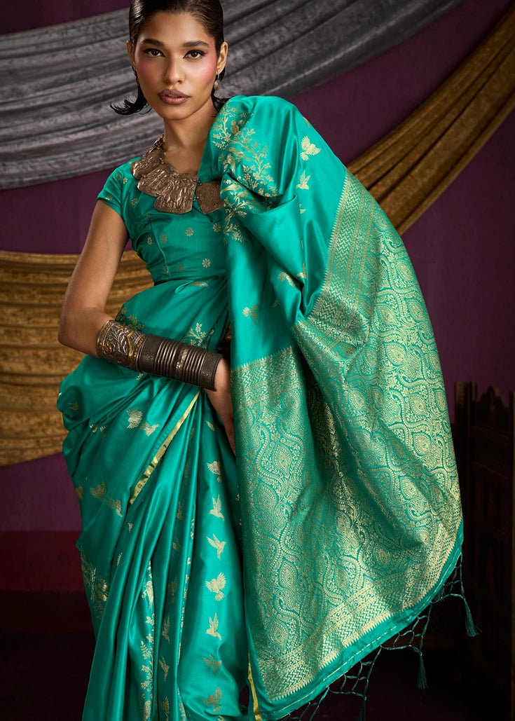 Zari Weaving Pure Banarasi Satin Silk Emerald Green Saree