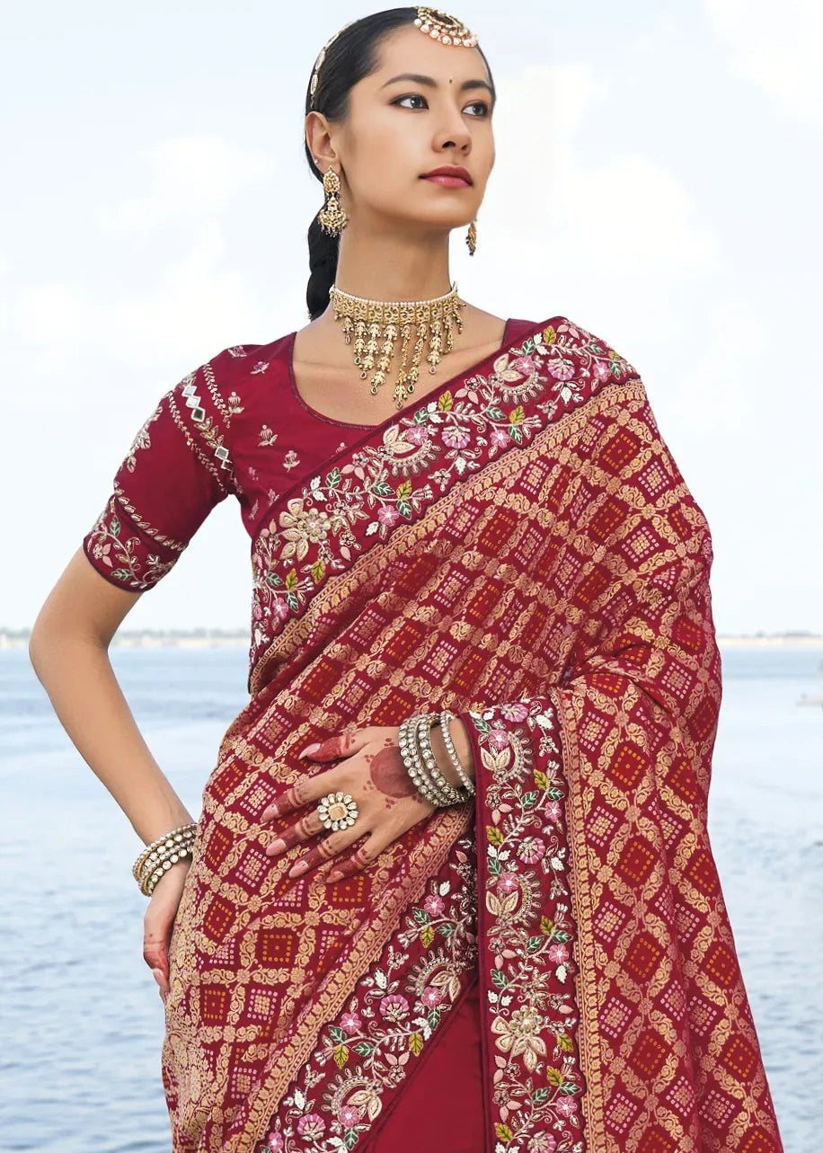 Red Banarasi Silk Embroidered Bandhani Saree