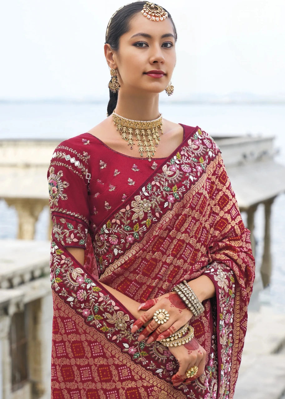 Red Banarasi Silk Embroidered Bandhani Saree