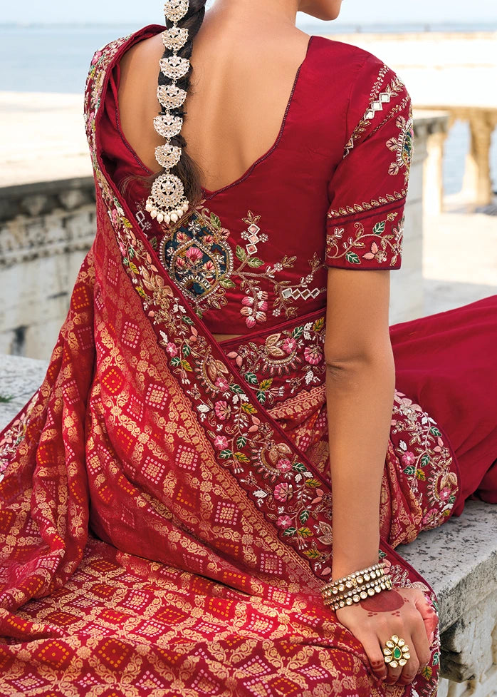 Red Banarasi Silk Embroidered Bandhani Saree