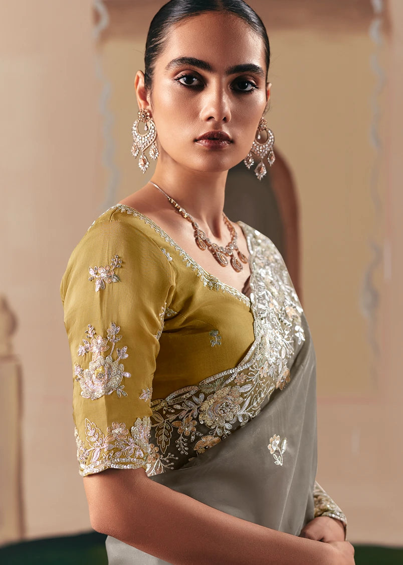 Grey Organza Tissue Silk Embroidered Bridal Saree & Yellow Blouse