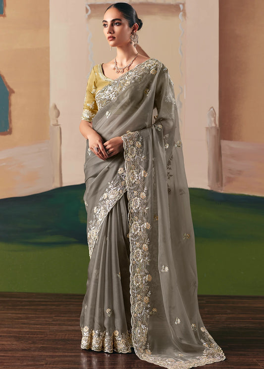 Grey Organza Tissue Silk Embroidered Bridal Saree & Yellow Blouse