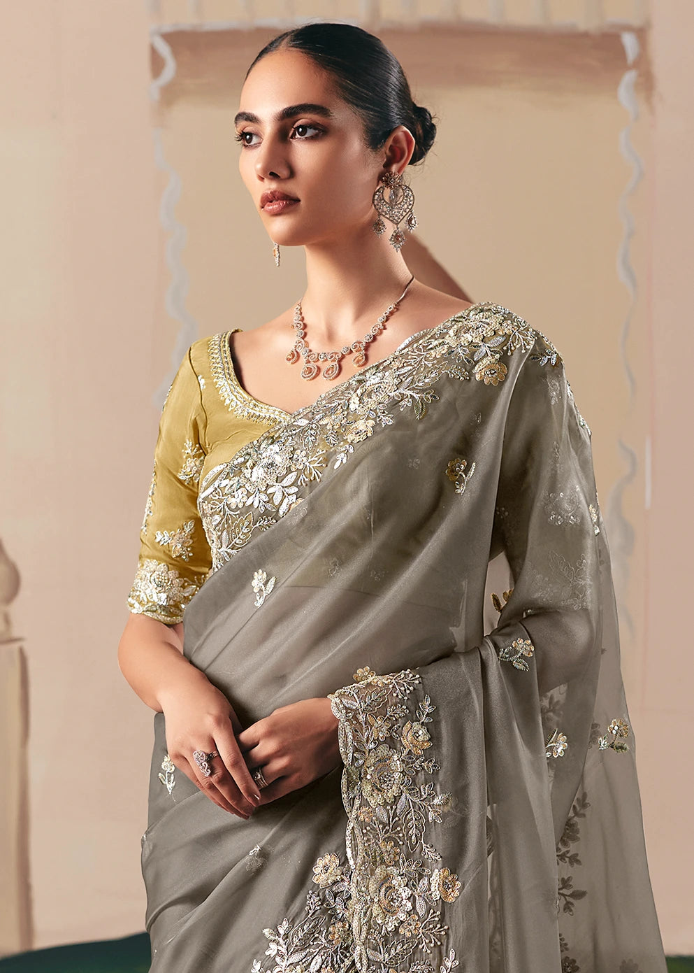Grey Organza Tissue Silk Embroidered Bridal Saree & Yellow Blouse