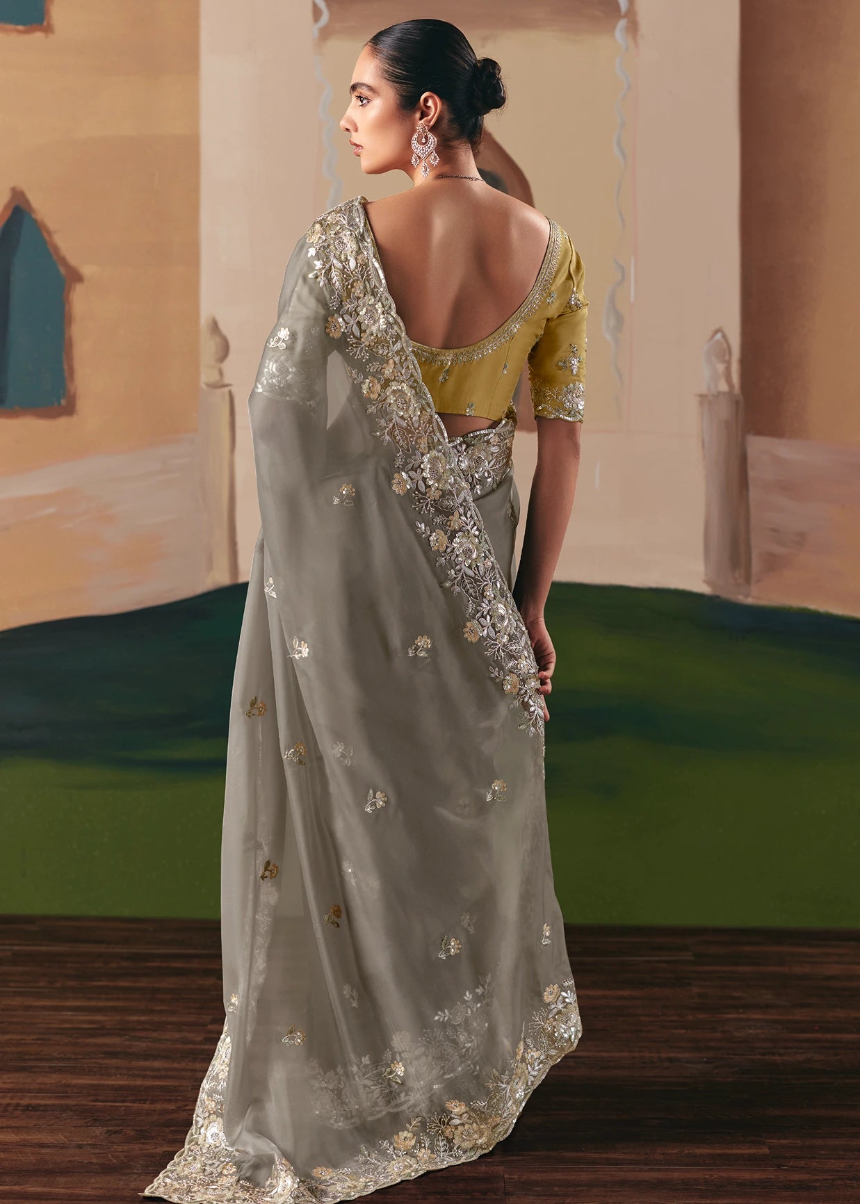 Grey Organza Tissue Silk Embroidered Bridal Saree & Yellow Blouse