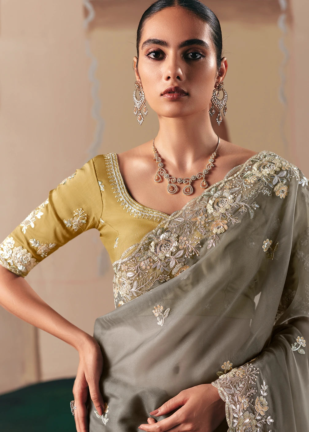 Grey Organza Tissue Silk Embroidered Bridal Saree & Yellow Blouse