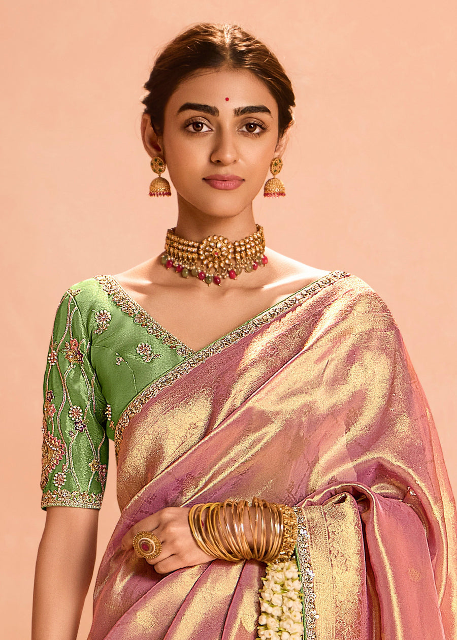 Pure Banarasi Tissue Silk Embroidered Blush Pink Handloom Saree & Contrast Green Blouse