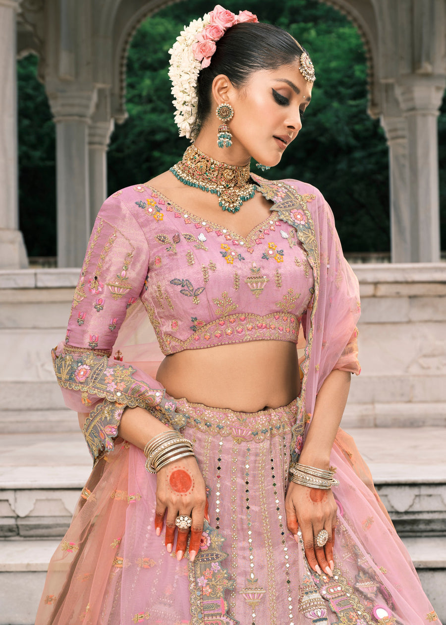 Pastel Pink & Grey Ombre Effect Mirror Work Embroidered Silk Lehenga Choli