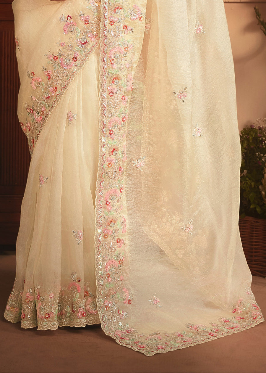 Creamy White Organza Tissue Silk Saree & Pink Blouse With Embroidery Work