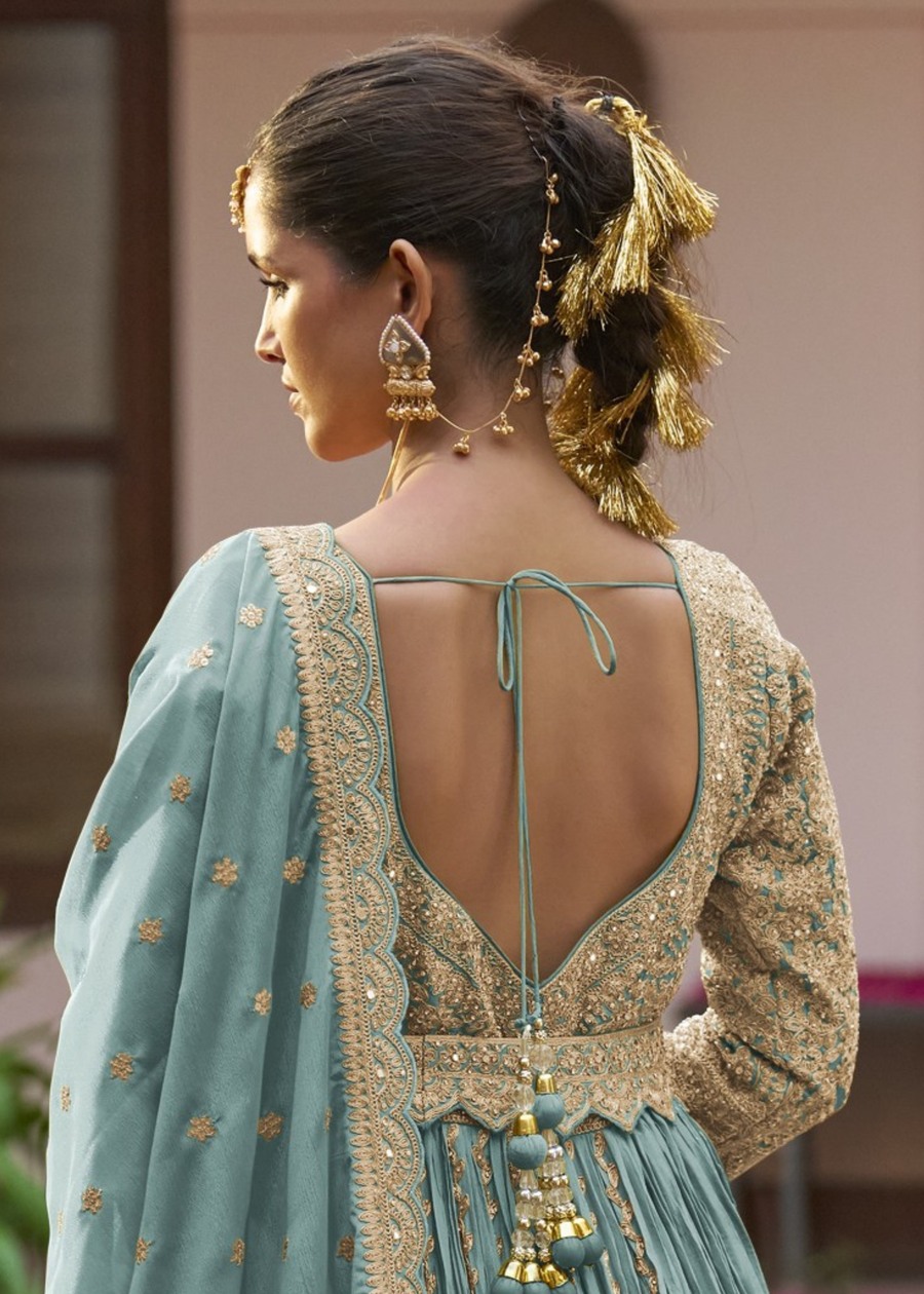 Pastel Blue Chinon Silk Anarkali Suit With Ghagra Skirt