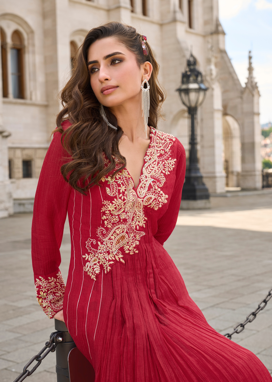 Red Anarkali Style Chinon Silk Gown Suit With Dupatta