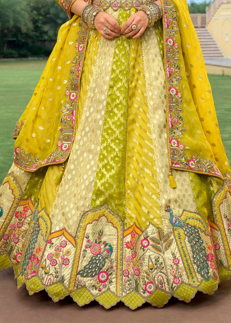 Lime Green & Yellow Silk Bridal Lehenga Choli
