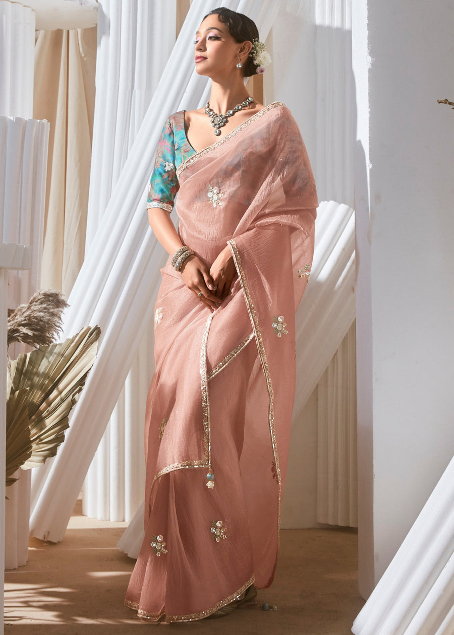 Peach Organza Tissue Silk Embroidered Saree & Printed Turquoise Blue Blouse