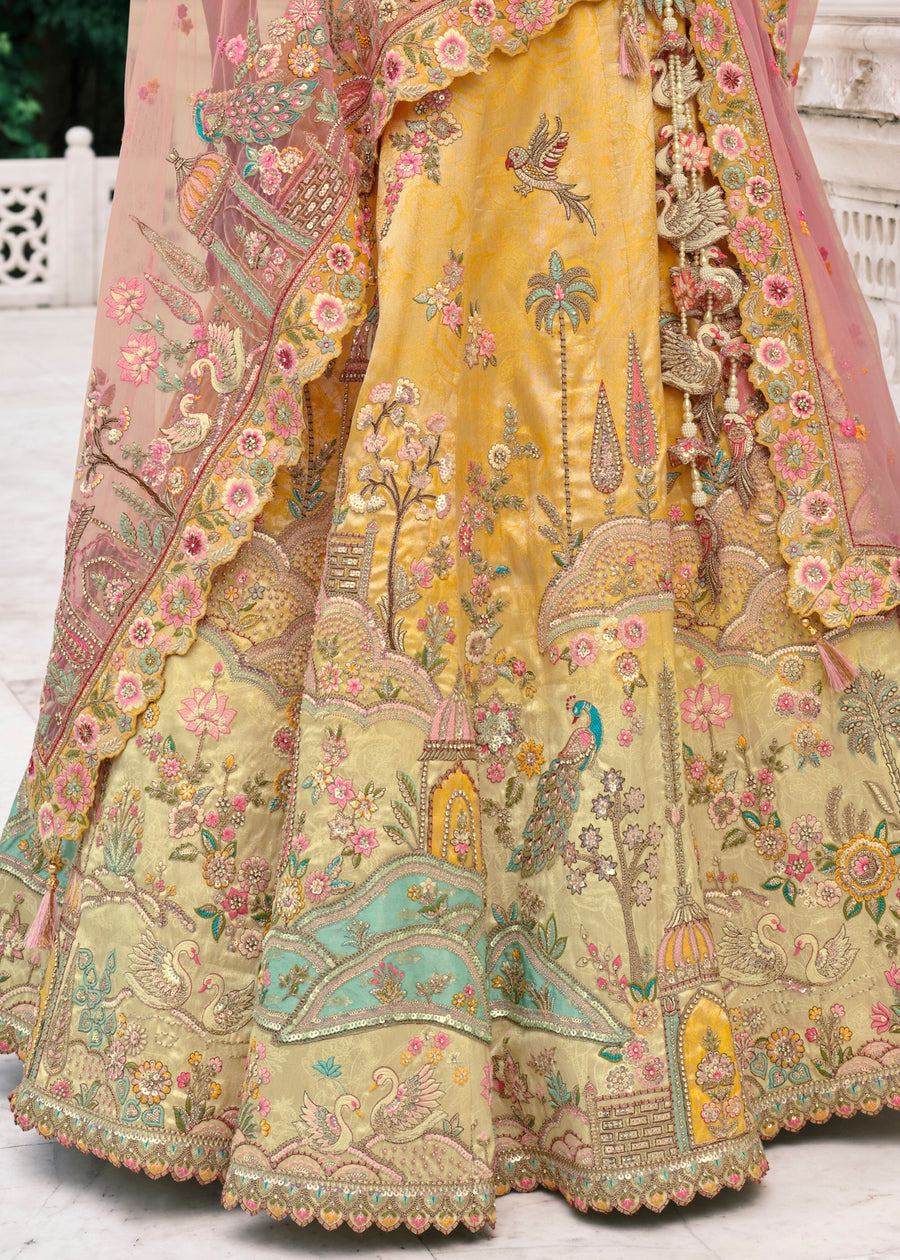 Yellow Embroidered Silk Lehenga Choli & Contrast Pink Dupatta