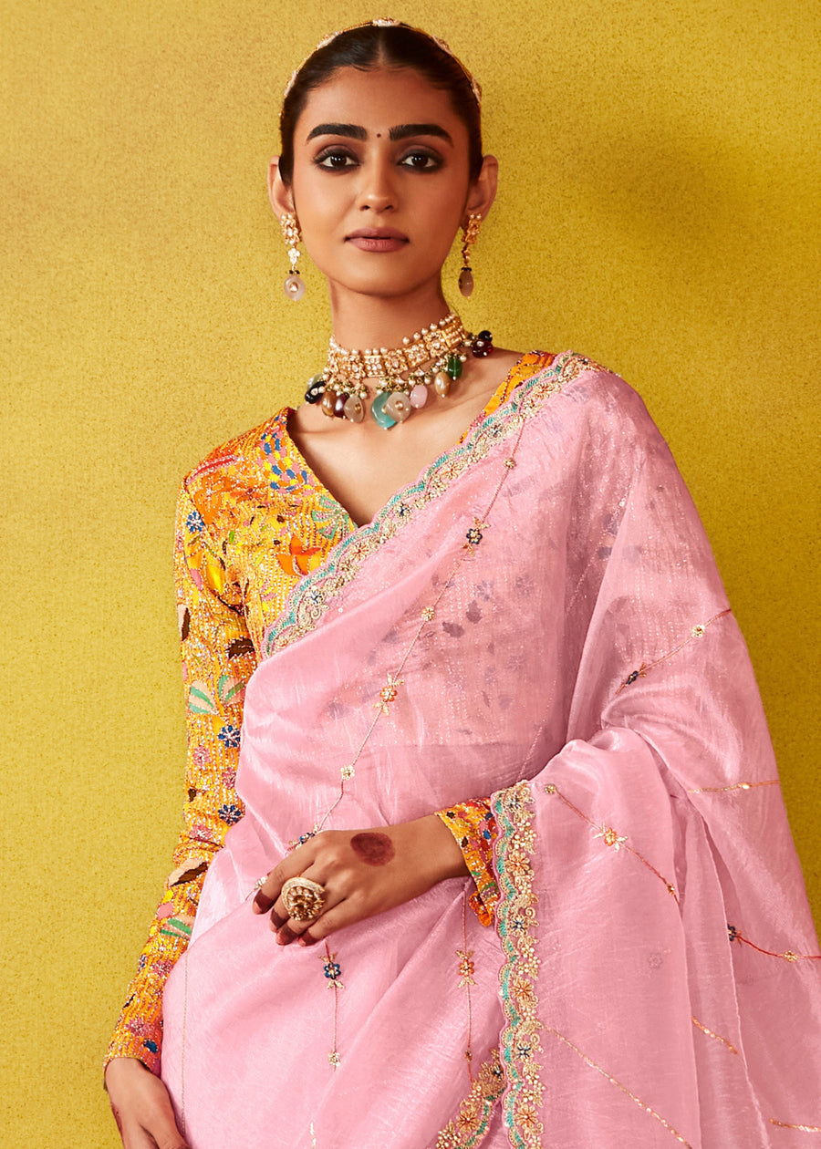 Pastel Pink Glass Tissue Silk Embroidered Saree & Yellow Printed Blouse