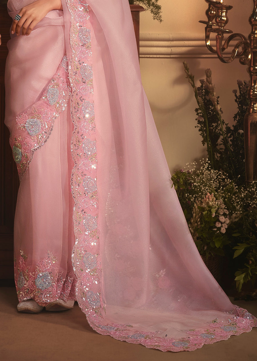 Pastel Pink Organza Tissue Silk Saree & Blue Blouse With Embroidery Work
