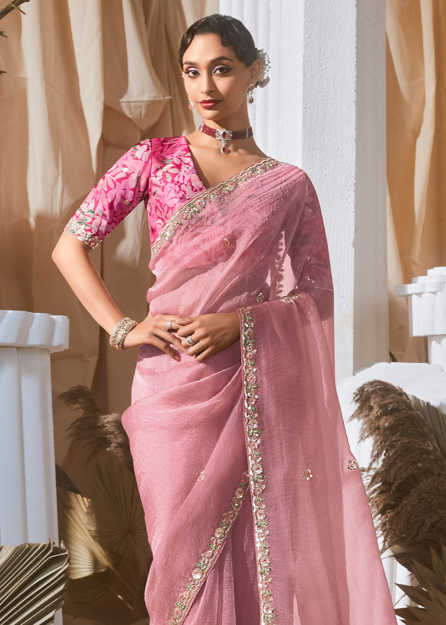 Pastel Pink Organza Tissue Silk Embroidered Saree & Printed Blouse