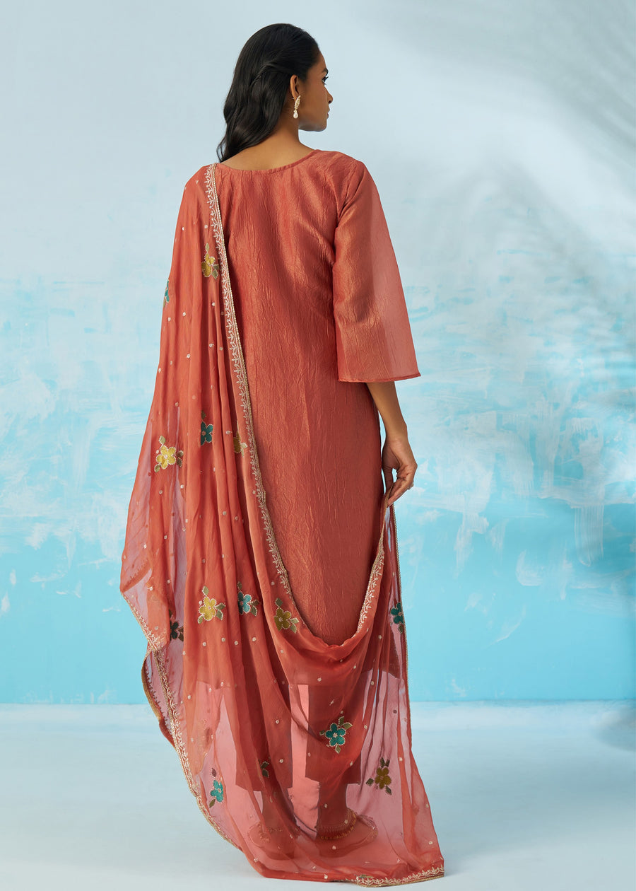 Rust Brown Crushed Tissue Silk Ethnic Pant Style Suit With Dupatta