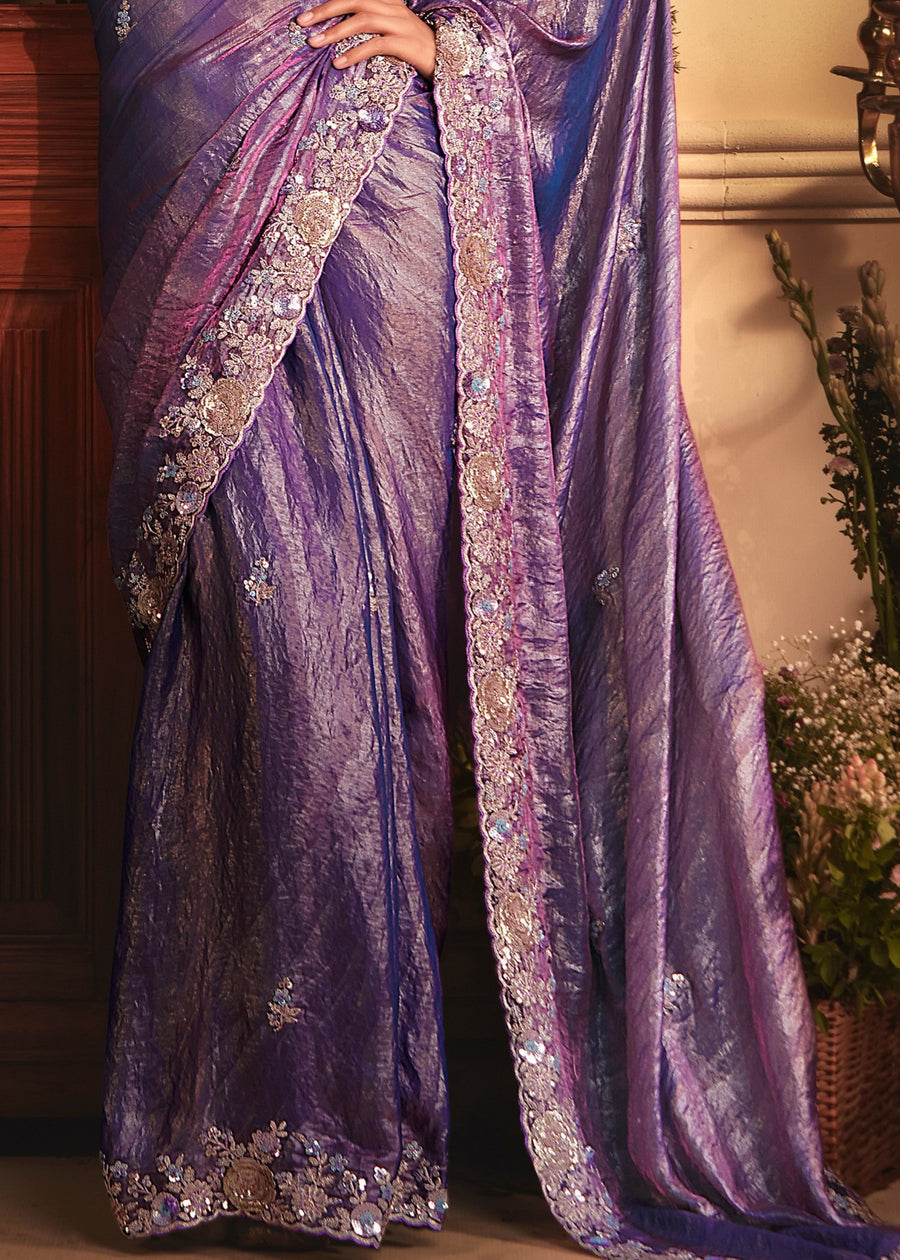 Purple Organza Tissue Silk Saree With Sequins Embroidery