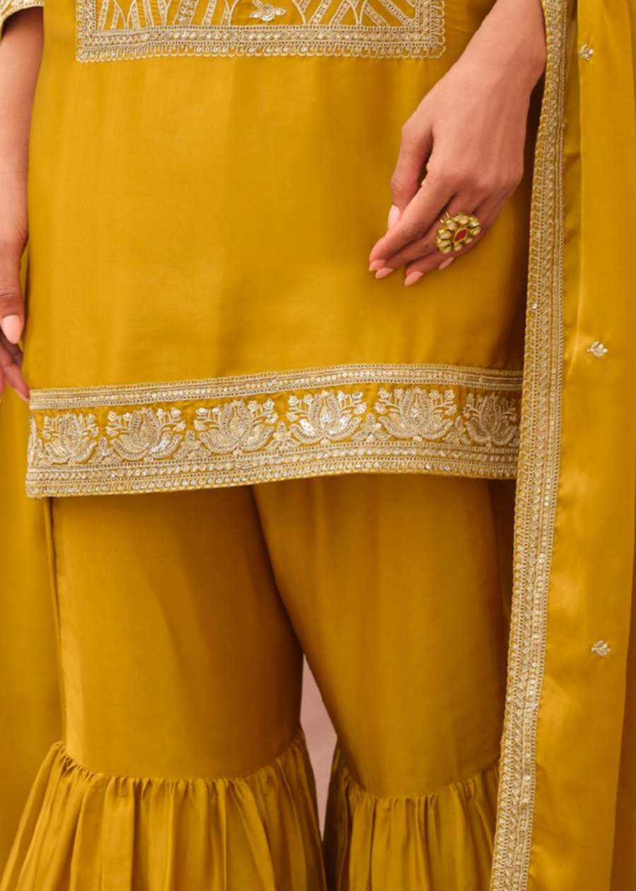 Readymade Mustard Yellow Embroidered Silk Sharara Suit Set with Dupatta
