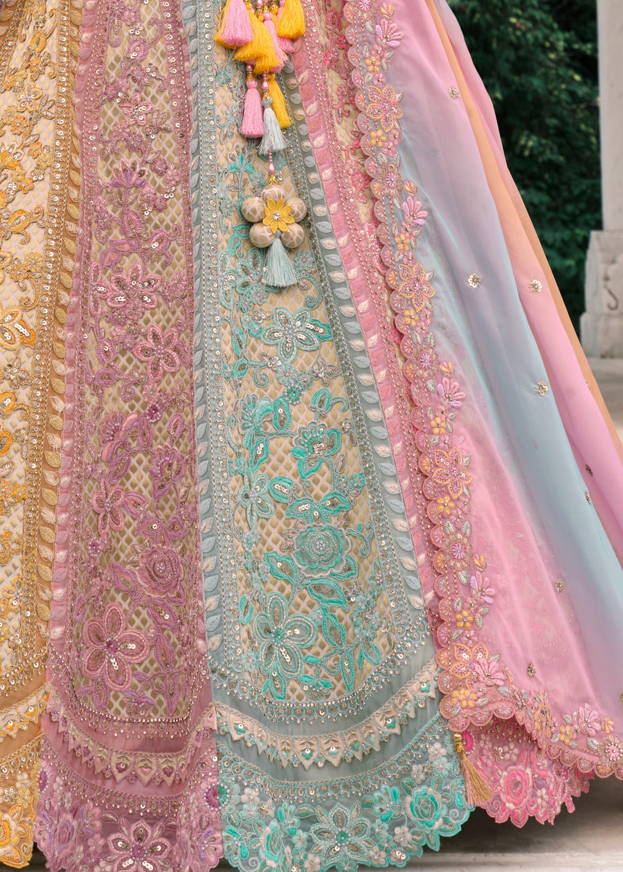 Pink, Blue & Yellow Embroidered Silk Lehenga Choli