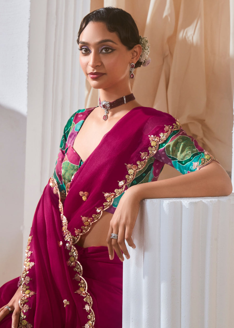 Ruby Pink Organza Tissue Silk Embroidered Saree & Green Printed Blouse