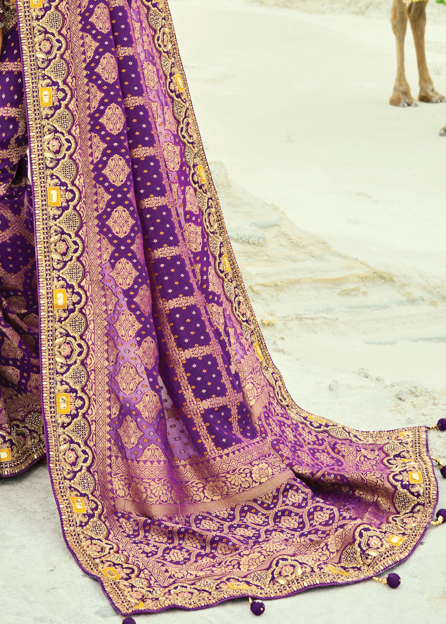 Purple Khaddi Georgette Embroidered Bandhani Saree & Yellow Blouse