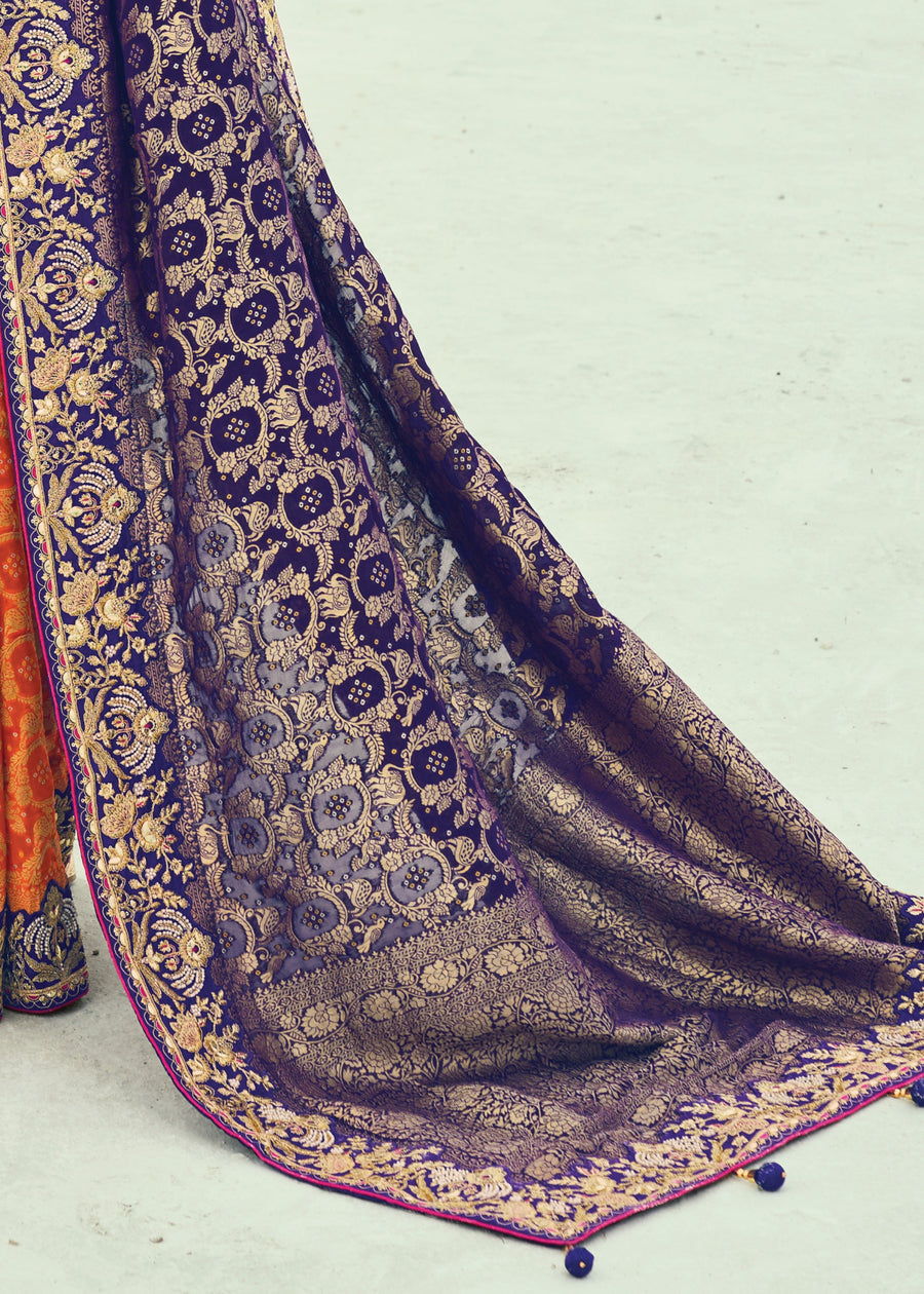 Orange Blue & Pink Multicolor Khaddi Georgette Embroidered Bandhani Saree