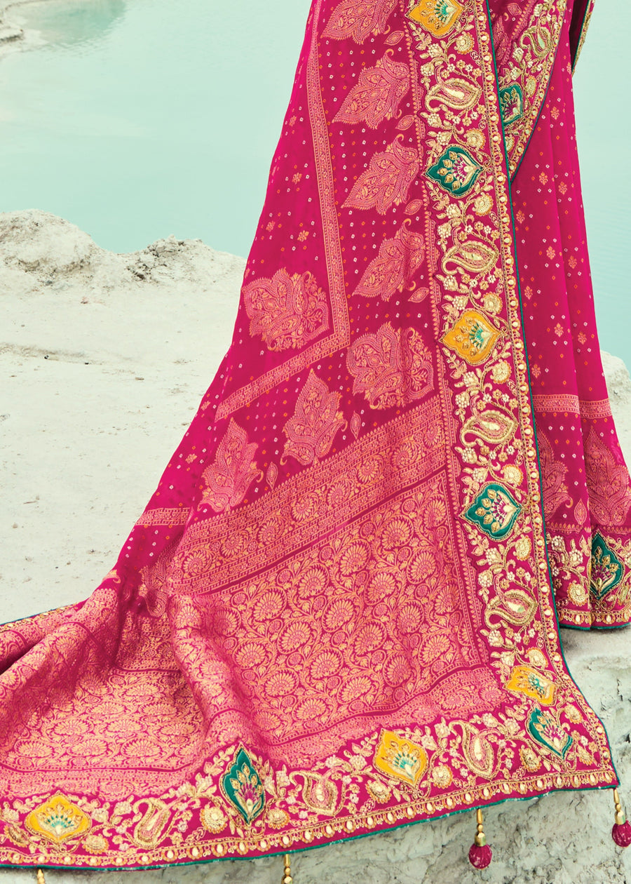 Hot Pink Khaddi Georgette Embroidered Bandhani Saree & Jade Green Blouse