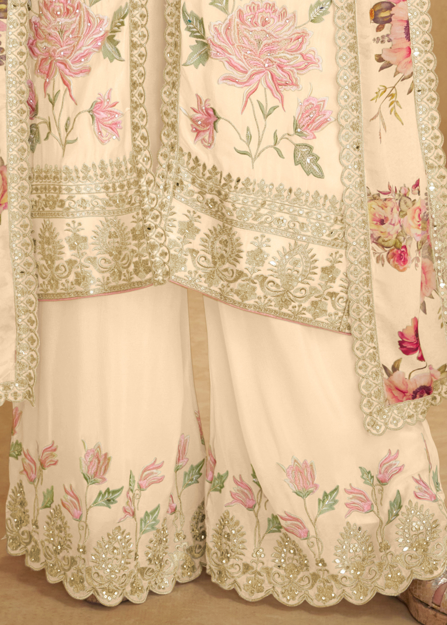 Designer Off White Chinon Silk Floral Suit Set With Palazzo & Dupatta