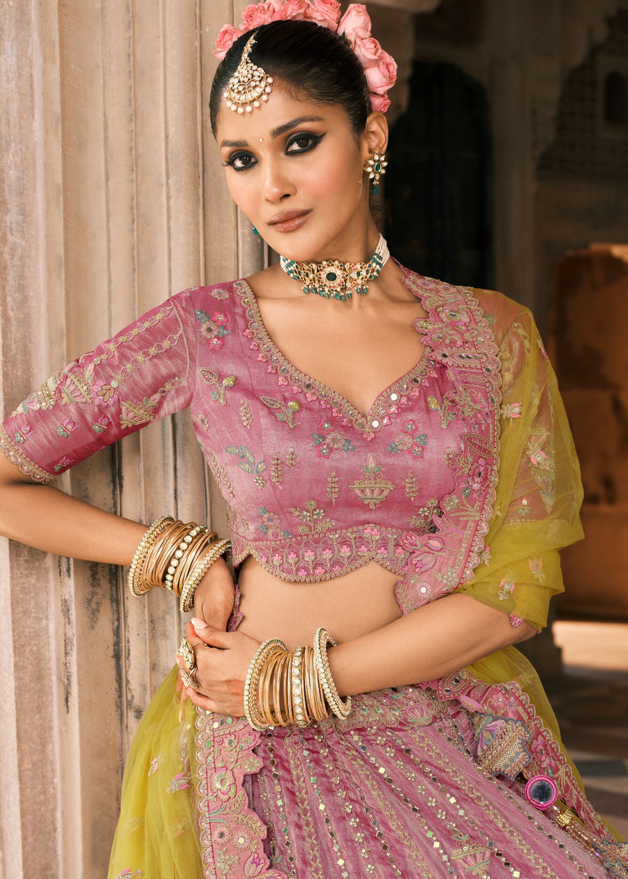 Pastel Pink & Lime Yellow Ombre Effect Embroidered Silk Lehenga Choli