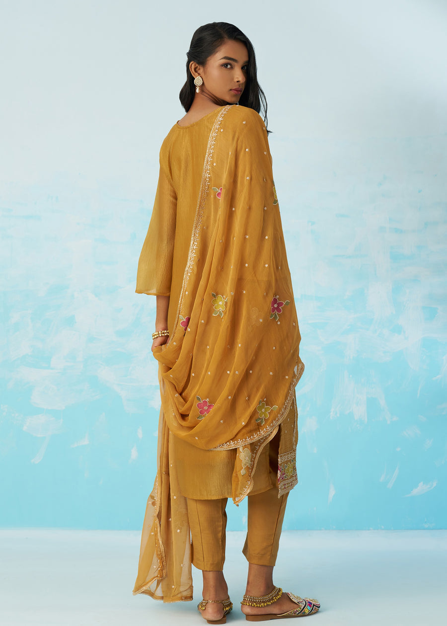 Mustard Yellow Crushed Tissue Silk Ethnic Pant Style Suit With Dupatta