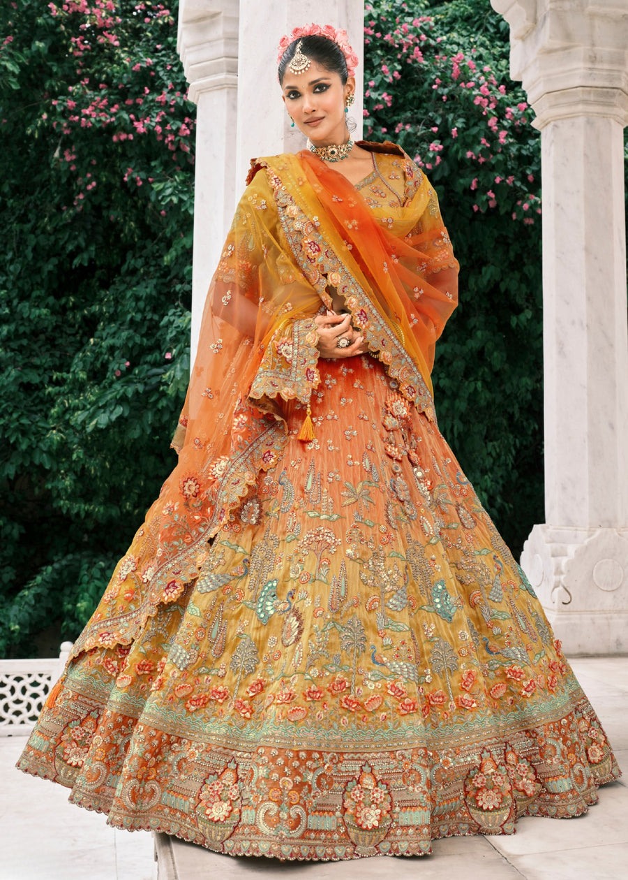 Orange & Yellow Ombre Effect Embroidered Banarasi Silk Lehenga Choli